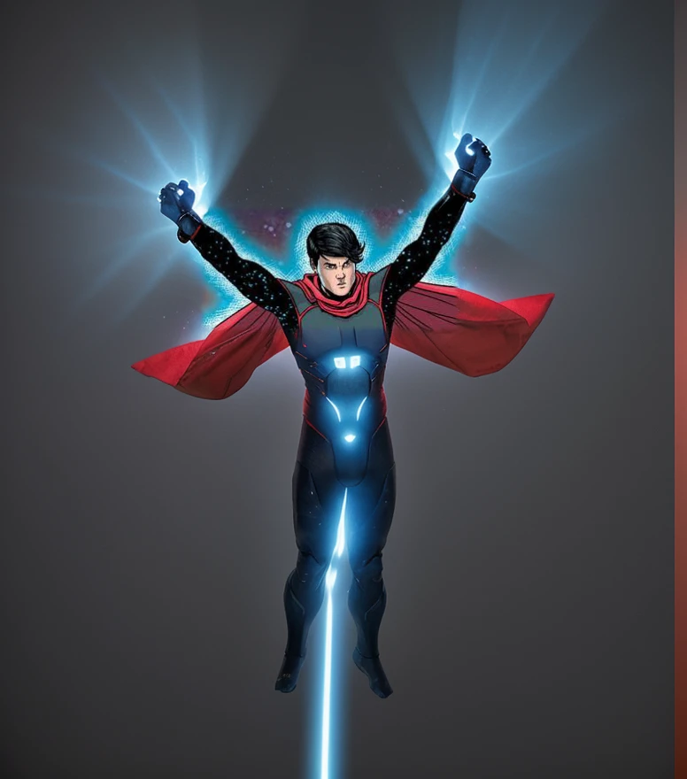 blue powers lights on his hand flying with a red long cover