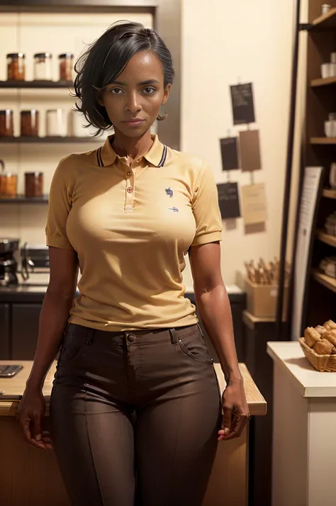 (best quality:1.3), (8K, RAW photo), (realistic, photo-realistic:1.3), high-resolution, ultra-detailed, highly detailed, extremely intricate, film grain, sharp focus, (photo of a 35 year old mature African-French female, female coffee shop owner standing a...