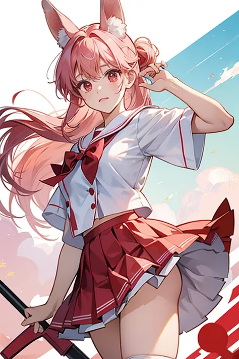 She has pink hair tied in rabbit ear-shaped odango and red eyes. She wears a summer version of a school uniform consist of a white short-sleeved sailor uniform with red with a single white linings at the edge of her sleeves and a red front bow at the cente...