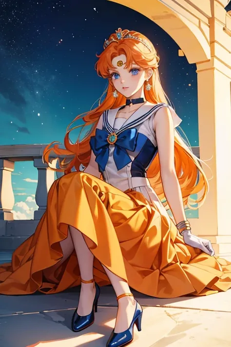 She has long blonde hair and blue eyes. she wore the standard Sailor Senshi uniform. The dominant color of her uniform was orange while the accent colors were yellow and navy blue. Her choker, collar, the center of her front bow, the elbow fittings on her ...