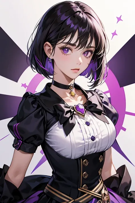 She have a black shoulder-length bob with purple shine on front and purple eyes. her uniform has a single white line on each side and her dark brown/black bow at the back was lengthened and the gem at the center of her bow is replaced with a purple heart-s...