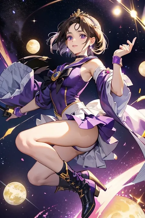 She have a black shoulder-length bob with purple shine on front and purple eyes. she wears a gold tiara on her forehead with a white gem on front. Like the other Outer Sailor Senshi, her dominant color is purple (sailor uniform, choker, linings of her glov...