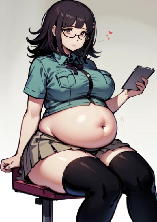 (masterpiece, best quality), 1girls, big belly, blurry background, huge belly, art by kipteitei, round belly, chubby, curvy, white button-up shirt, skirt, thighhighs, simple_background, gradient_background, belly bursting out of shirt, belly grab, enormous...