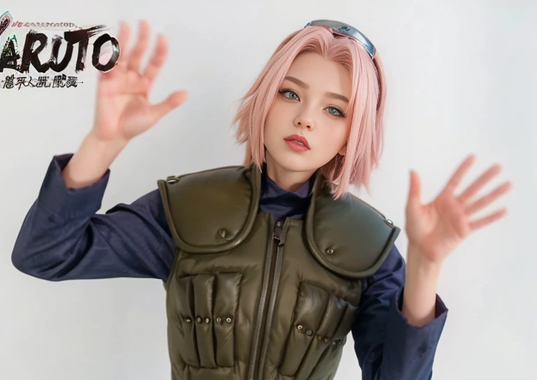 young woman, porcelain skin, short bubblegum pink hair, wide forehead, big pink lips, big emerald green eyes, pink eyebrows, green vest, Sakura Haruno, 3d, realism