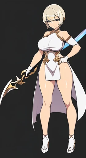 (((Best Quality))) , ((full body)), female, reference sheet, solo, (white background), slit dress, armored dress, holding sword, loin cloth,