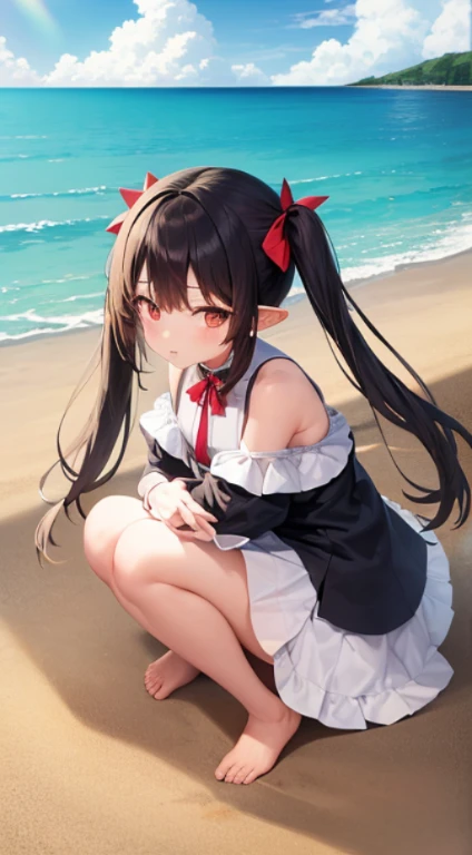 1girll，刘Mare，Bare legged，Bare shoulders，赤the feet，sandbeach，The bird，Black hair，蓝daysiee red in the face，Bow knot，pigtails，，with brown eye，Clouds，多云的daysies空，Condensation Trail，daysies，The clothes ar，the feet，full bodyesbian，Hats，horizon，Mare岛，knees，lake，l...