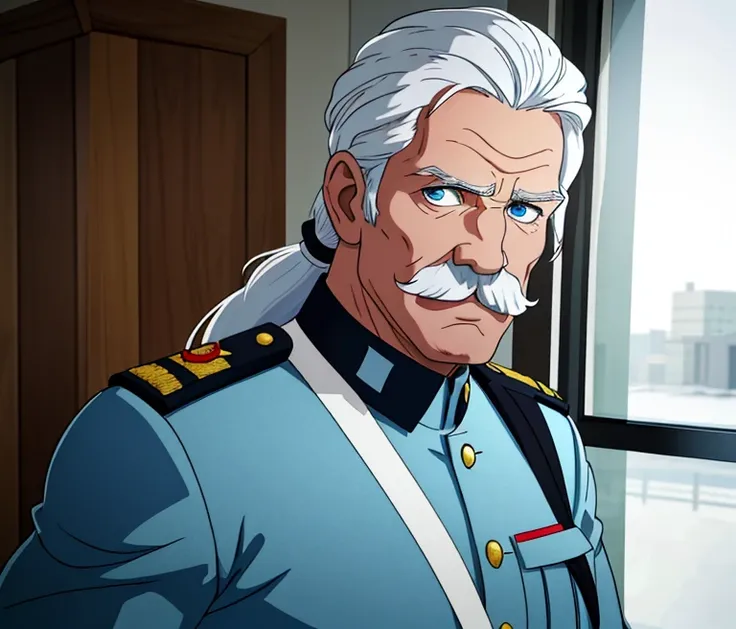 middle aged man with white hair that is tied in a ponytail, thick white mustache and blue eyes. He is wearing a military uniform.