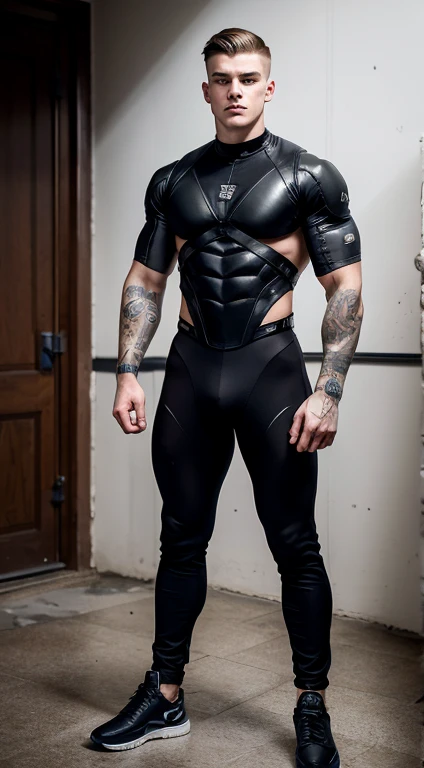 Young white man cyborg, 17 years old, military haircut, black hair, intense blue eyes, intense gaze, affiliated features, no facial hair, height 1.90, weight 96 kg, muscular aesthetic build, broad shoulders, V-shaped body, tattoos in Arms, full body focus,...