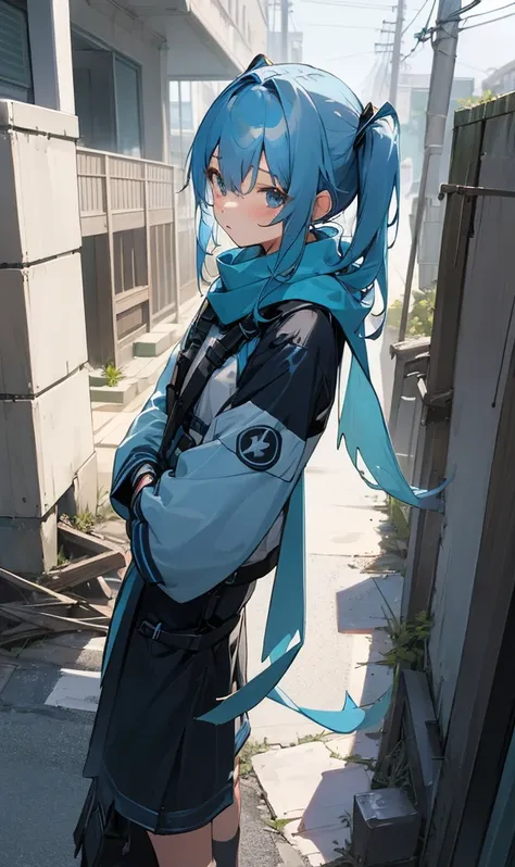 ​masterpiece、top-quality、女の子1人、lightblue hair、twin-tailed、kawaii、scarf、exposed black futuristic combat uniform、outside of house、...