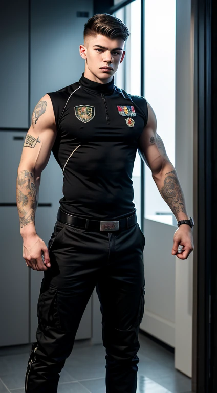 Young white man cyber , 17 years old, military haircut, black hair, intense blue eyes, intense gaze, affiliated features, no facial hair, height 1.90, weight 96 kg, muscular aesthetic build, broad shoulders, V-shaped body, half tattoos in Arms, full body f...