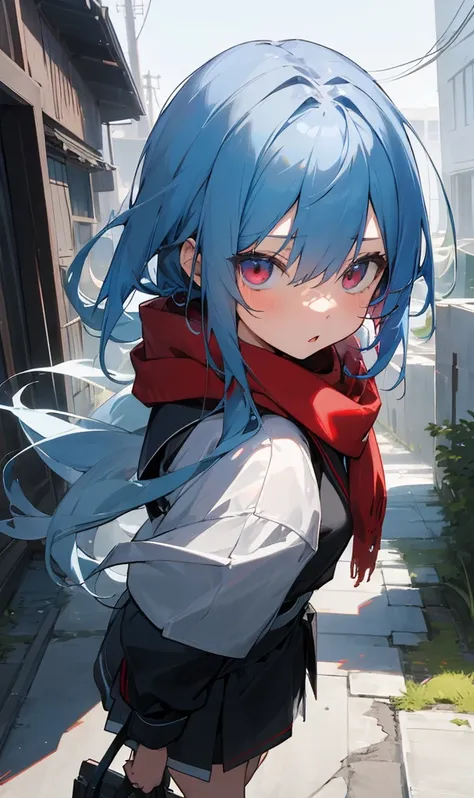 ​masterpiece、top-quality、女の子1人、lightblue hair、red eyes、Twin-tailed、kawaii、scarf、Exposed black futuristic combat uniform、outside of house、Street、casual,Ruins