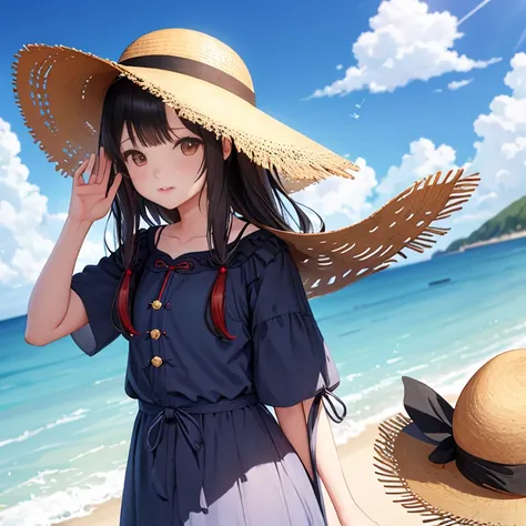 1girll，critters，sea beach，Black hair，蓝daysieblurry，bblurry的背景，，with brown eye，brown  hair，catss，，Clouds，多云的daysies空，daysies，depth of fields，The clothes ar，Hats，Hats丝带，拿着critters，horizon，cparted lips，long whitr hair，Look at the observer，medium，the ocean，ext...