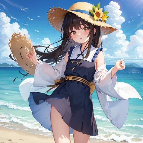 1girll，critters，sea beach，Black hair，蓝daysieblurry，bblurry的背景，，with brown eye，brown  hair，catss，，Clouds，多云的daysies空，daysies，depth of fields，The clothes ar，Hats，Hats丝带，拿着critters，horizon，cparted lips，long whitr hair，Look at the observer，medium，the ocean，ext...