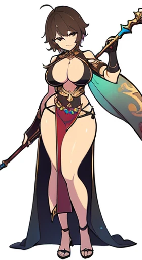 (((Best Quality))) , ((full body)), female, reference sheet, solo, (white background), slit dress, (holding staff), loin cloth,