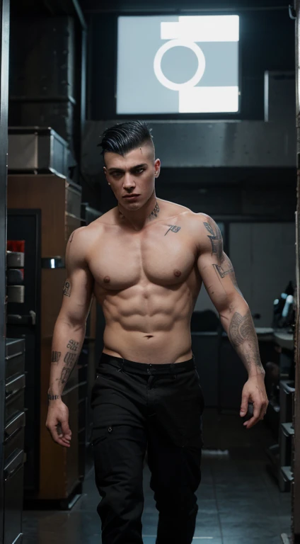 Young white man cyberpunk , 17 years old, Short mohawk haircut, black hair, intense blue eyes, intense gaze, affiliated features, no facial hair, height 1.90, weight 96 kg, muscular aesthetic build, broad shoulders, V-shaped body, half tattoos in Arms, ful...