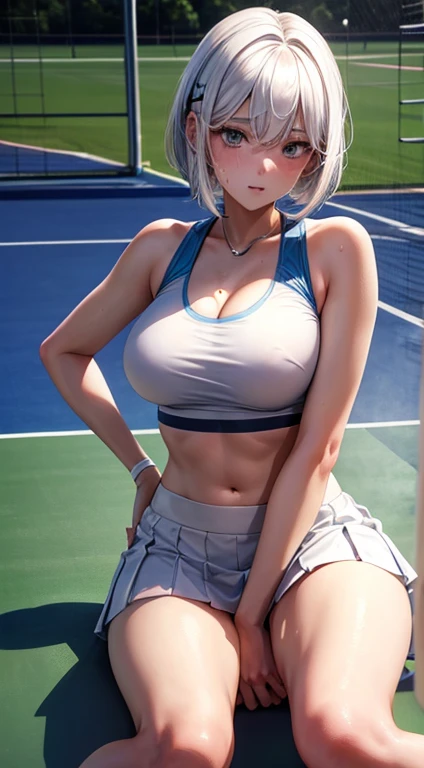 High school students　エロ　F-cup　white  hair　bob　Naked　Being on the tennis court　Beautuful Women　tall　Constriction　Giving a　Have sex　　Wearing tennis wear　Sweating　teats　not wearing a sports bra　wearing a tennis skirt　sitting on ground　Forward leaning position