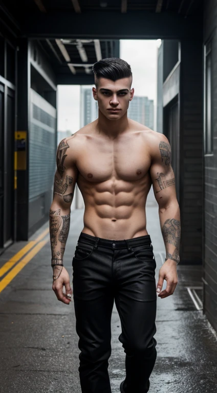 Young white man cyberpunk , 17 years old, Short mohawk haircut, black hair, intense brown eyes fixed, intense gaze, affiliated features, no facial hair, Menton fuerte,height 1.90, weight 96 kg, muscular aesthetic build, broad shoulders, V-shaped body, half...