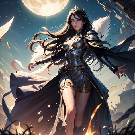 Queen Valkyrie, dark hair, moonlight, holding a small frog king