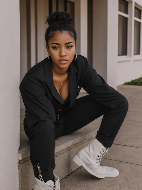 fotografia de estilo de vida, foto de uma mulher negra bonita, Meditative facial expression, camisa vermelha, black cargo pants and combat boots, fechar no rosto, soft lighting, high angle, filmado em um Fujicolor Pro