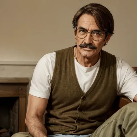 Skinny old man, hazel eys, brown hair, brown moustache, circle glasses, square face shape has olive skin and is wearing jeans with a brown vest on