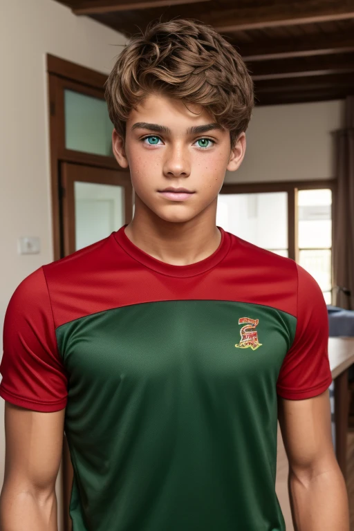 A 16-year-old male, slightly tanned skin, slightly messy light brown hair, green eyes, athletic body, red shirt, black cause, teenage appearance