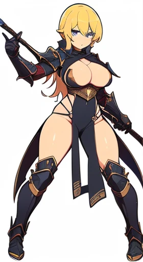 (((Best Quality))) , ((full body)), female, reference sheet, solo, (white background), slit dress, armored dress, holding weapon, loin cloth, gauntlet, breast armor, knight,