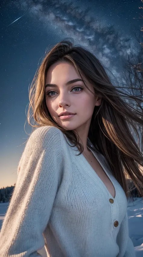 Low angle shot, night photography, in the countryside, under the winter starry sky,
1 gorgeous woman,
23 ans, 
subtle smile, 
flirts with the camera,
she’s a model,  pose, 
(European girl:1.2), (random hair:1.3),
(Realistic hair:1.2),
(realistic eyes:1.2),...