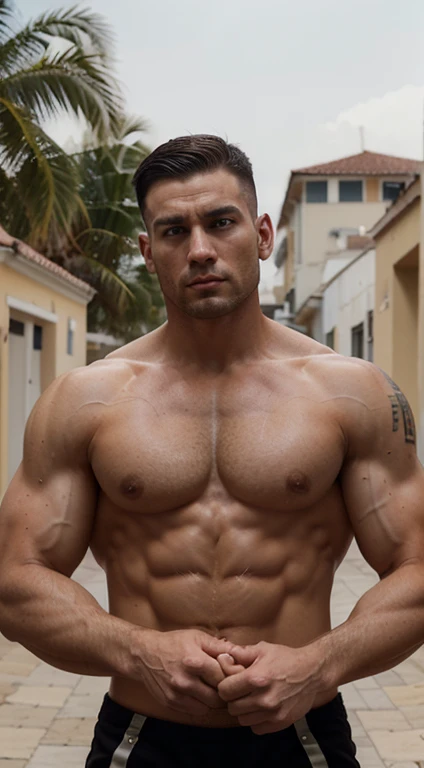 white man soldier , 30 years old, Short military haircut, black hair, intense brown eyes fixed, intense gaze, affiliated features, no facial hair, Menton fuerte,height 1.90, weight 96 kg, muscular aesthetic build, broad shoulders, V-shaped body, half tatto...