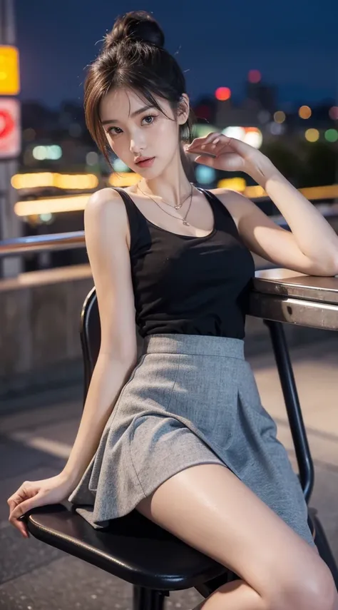 high-definition images, atmospheric perspective, 8k, super detail, accurate, best quality, ((angle from below)), a woman, ((round face), (drooping eyelush, in the city, busy, clothes that emphasize body line, skirt, necklace, takes a seat, open legs, climb...