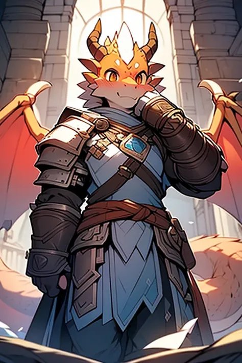 male people，strong，Wearing armor，Orange peel dragon，Golden pupils，There are two brown horns on the head，There is a pair of orange wings on the back，Kind and gentle，holy paladin，Hold the holy sword in your hand，standing in the temple