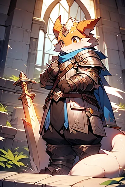 male people，strong，Wearing armor，Orange peel dragon，Golden pupils，There are two brown horns on the head，There is a pair of orange wings on the back，Kind and gentle，holy paladin，Hold the holy sword in your hand，standing in the temple