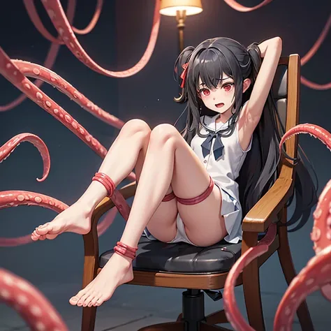 Show both sides,Banzai with both arms,Show the soles of your feet, Sitting on a chair, bare-legged,white panty,The legs are spread in an M shape,Woman with open legs, ripped school uniform,skirt by the, Glowing face,Open mouth,Impatient face,absurderes, fe...