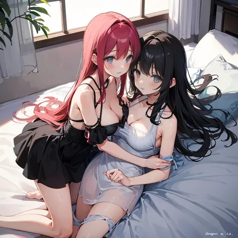 Two girls　Eroi Dresses　They hug each other and capture one person.　breast smothering　On a plush bed　Lovely room　large full breasts