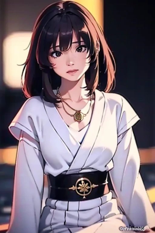 Final Fantasy (Yuna) Anime girl with brown hair and necklace in white kimono dress, beautiful character painting, Soft Anime CG Art, Realistic anime art style, Beautiful Anime Portrait, beautiful anime woman, Photorealistic anime girl rendering, Makoto Shi...