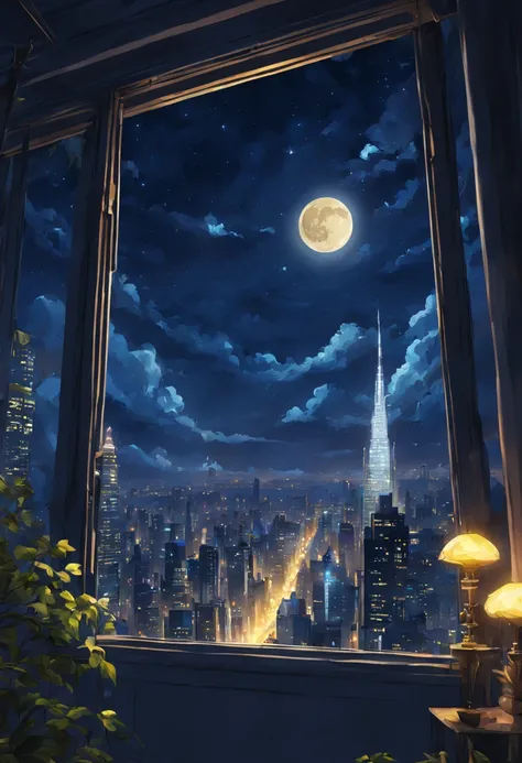 Expressing skyscrapers and window lights at night with vivid colors.、Seen from the air、top-quality、Fantasyart、beautiful anime scene、Concept art inspired by the golden moon。Bright moon、月明かりの下でのstarryskyの環境、Dream painting、anime background art、Fantasy landsca...