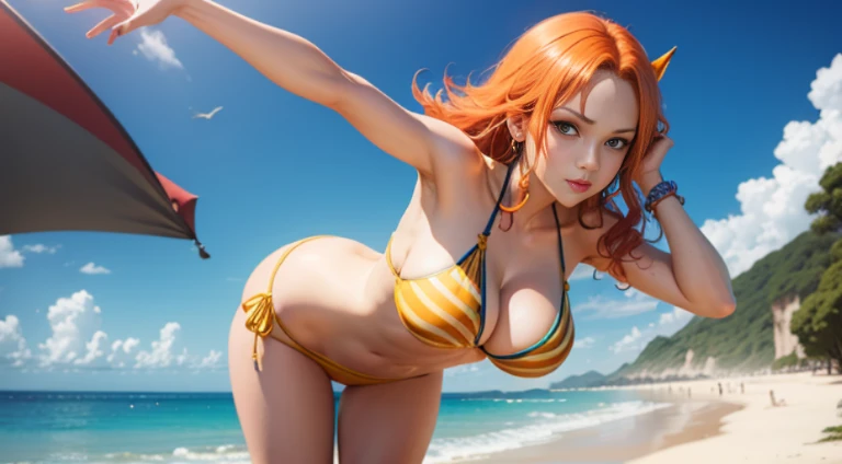 estilo de arte anime,nami from one piece,olhos castanhos,cabelo de rabo de cavalo longo laranja,Corar,playful expression,dynamic pose,wearing bikini, Standing on the beach,shimmering blue seawater, cores vibrantes.