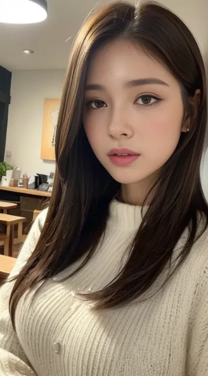 ((Realistic lighting, Best quality, 8K, Masterpiece: 1.3)), Clear focus: 1.2, 1girl, Perfect beauty: 1.4, Big breasts: 1.2, Slim abs: 1.1, ((dark brown hair)), (winter clothes), (indoor), night: 1.1), Seoul cafe, Super fine face, fine eyes, Double eyelids,