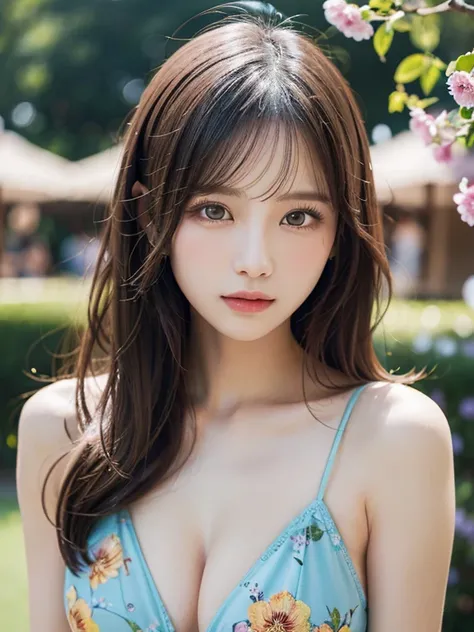 (Realistic, photo-Realistic:1.37), (masutepiece), (Best Quality:1.4), (超A high resolution:1.2),(Raw photo:1.2), 1girl、femele、Wavy black hair、shorth hair、bluntbangs、green colored eyes、pink microbikini、flower bouquet,finely eye and detailed face、8k wallpaper...