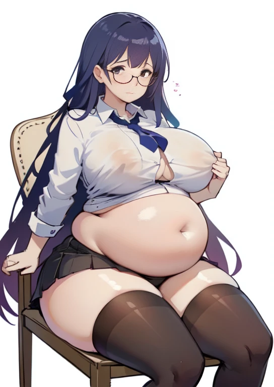 (masterpiece, best quality), 1girls, big belly, blurry background, huge belly, art by kipteitei, round belly, chubby, curvy, white button-up shirt, skirt, thighhighs, simple_background, gradient_background, belly bursting out of shirt, belly grab, enormous...