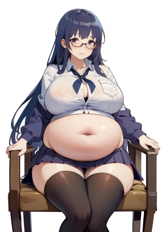 (masterpiece, best quality), 1girls, big belly, blurry background, huge belly, art by kipteitei, round belly, chubby, curvy, white button-up shirt, skirt, thighhighs, simple_background, gradient_background, belly bursting out of shirt, belly grab, enormous...