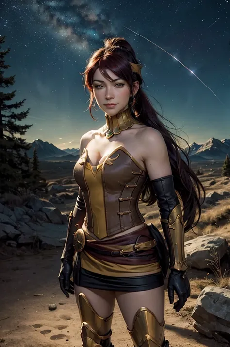 masterpiece, best quality, pyrrha nikos, ponytail, circlet, bustier, large breasts, skirt, elbow gloves, bracers, armored boots, red waist sash, looking at viewer, furrowed brow, smile, forest, night, night sky, stars, standing on lunar surface, craters, d...