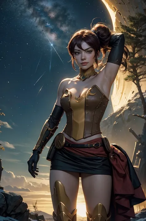 masterpiece, best quality, dynamic pose, pyrrha nikos, ponytail, circlet, bustier, large breasts, skirt, elbow gloves, bracers, armored boots, red waist sash, looking at viewer, furrowed brow, smile, forest, night, night sky, stars, standing on lunar surfa...