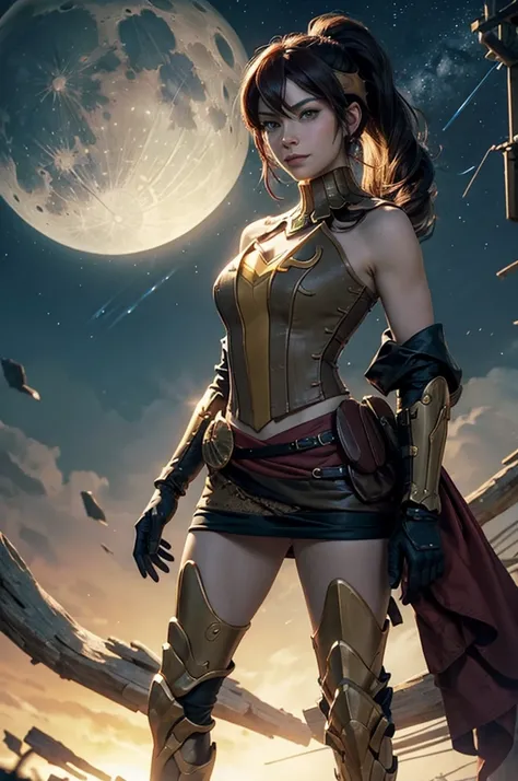 masterpiece, best quality, dynamic pose, pyrrha nikos, ponytail, circlet, bustier, large breasts, skirt, elbow gloves, bracers, armored boots, red waist sash, looking at viewer, furrowed brow, smile, forest, night, night sky, stars, standing on lunar surfa...