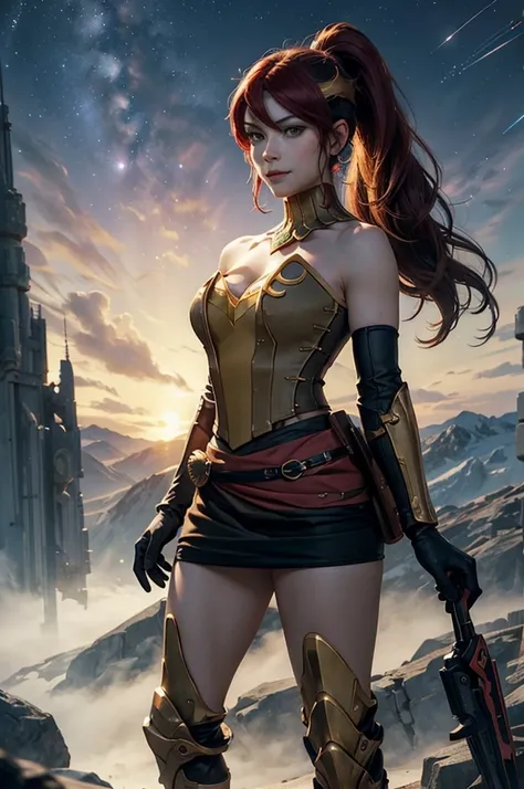 masterpiece, best quality, pyrrha nikos, ponytail, circlet, bustier, large breasts, skirt, elbow gloves, bracers, armored boots, red waist sash, looking at viewer, furrowed brow, smile, night, night sky, stars, standing on lunar surface, craters, distant m...