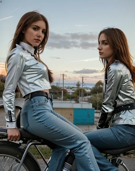 there are two women and a man sitting next to a motocicleta, motocicletas, sitting on a motocicleta, escena completa filmada, mo...