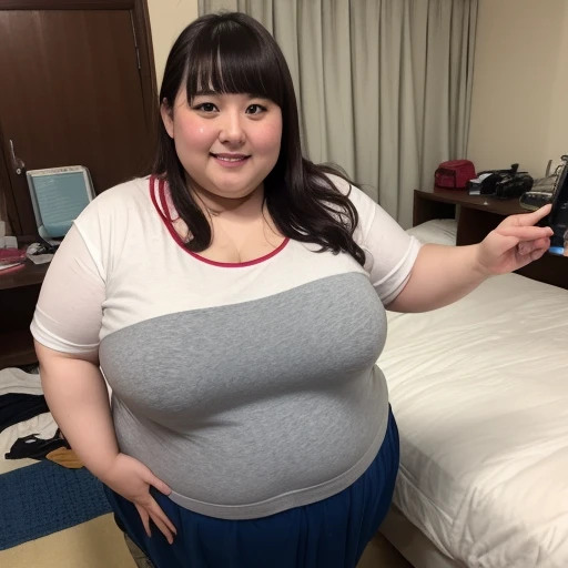 go pro Japanese ssbbw, non nude, full shot, very beautiful face, super obese, full body, grey sweat parker, sneaker, messy room, super obese japanese, gigantic tits