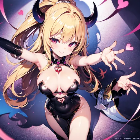 Succubus　Seduction poses　Erotic body　　kawaii faces　Enchanting face　Pose with open arms　heart mark　A slight smil　Peachy Hair　Eyes are hearts　4-arm　Charm Magic　Angle from above