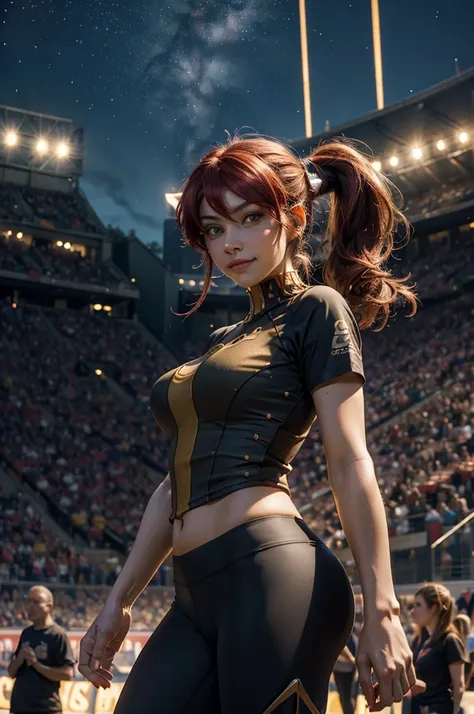 masterpiece, best quality, pyrrha nikos, ponytail, circlet, T-shirt, large breasts, yoga_pants, looking at viewer, furrowed brow, smile, night, night sky, stars, standing in stadium, crowd