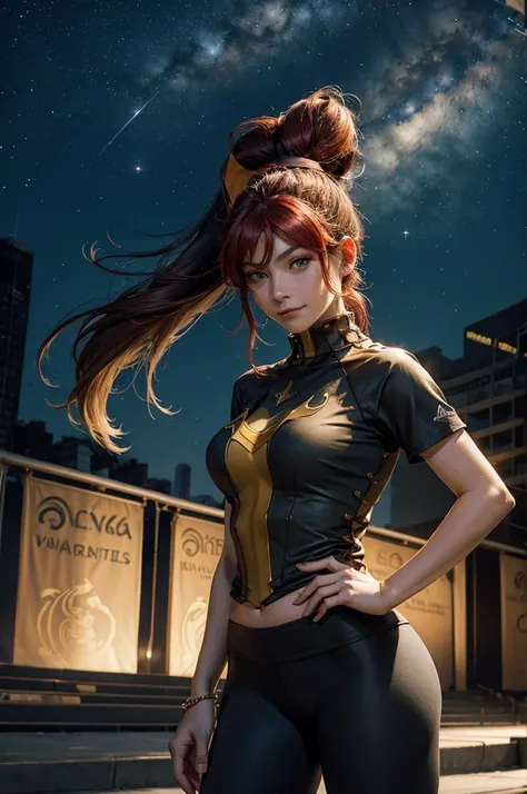 masterpiece, best quality, pyrrha nikos, ponytail, circlet, T-shirt, large breasts, yoga_pants, looking at viewer, furrowed brow, smile, night, night sky, stars, standing in stadium, crowd