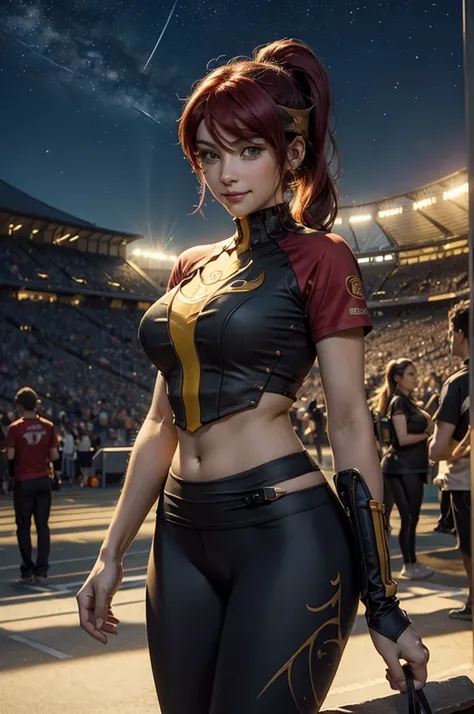 masterpiece, best quality, pyrrha nikos, ponytail, circlet, T-shirt, large breasts, yoga_pants, looking at viewer, furrowed brow, smile, night, night sky, stars, standing in stadium, crowd